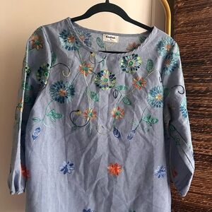 Kindred Blue Top with Floral Embroidery